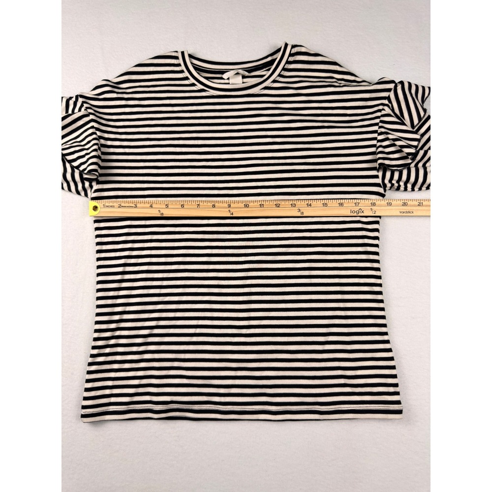 H&M Womens Black White Striped Ruffle Shoulder Long Sleeve Ribbed Top Medium - Picture 5 of 7